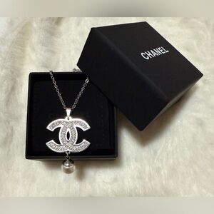 Silver Crystal CC Pendant Necklace with Pearl Drop